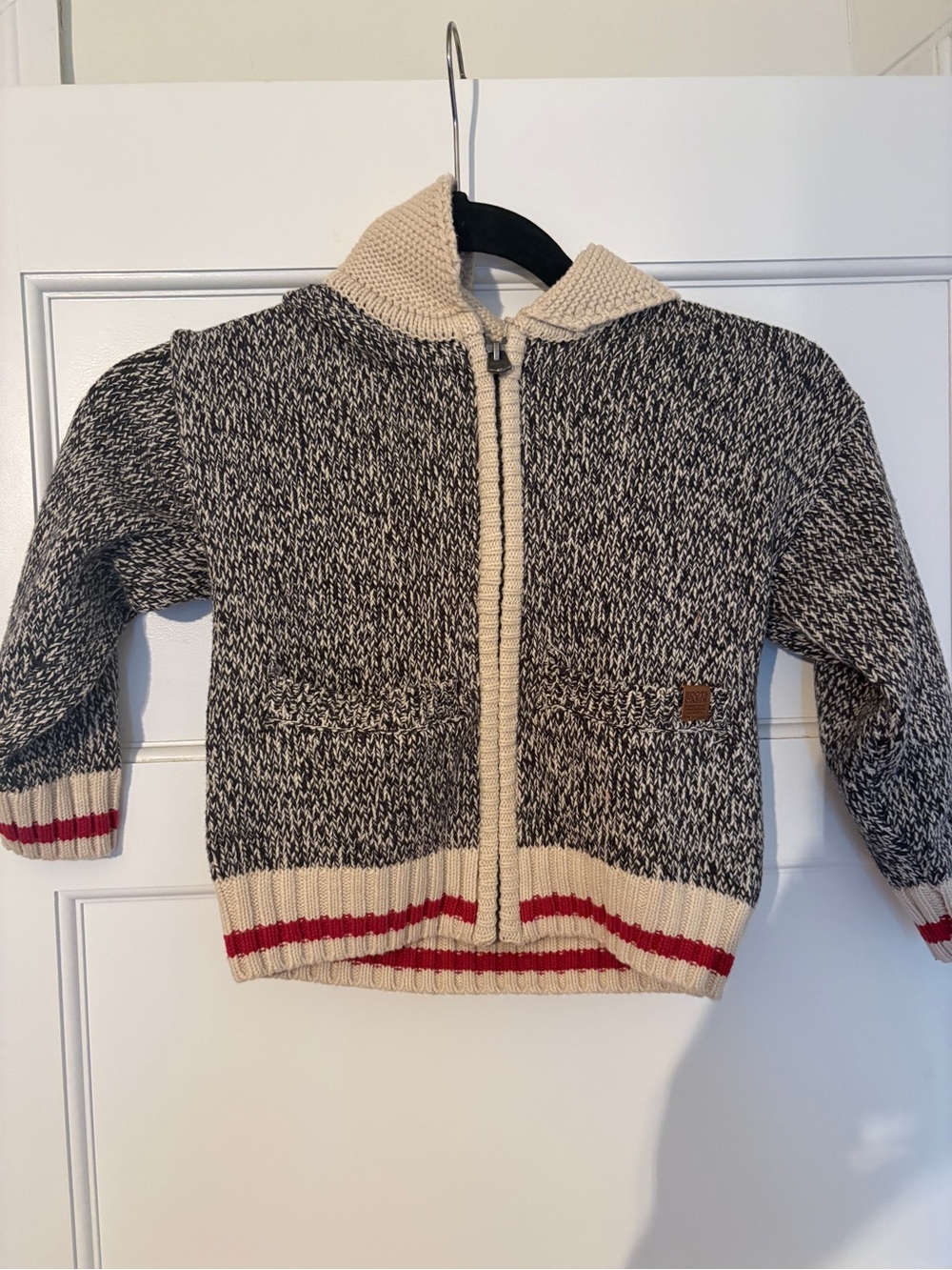 Roots Kids Marled Zip Hoodie Sweater in Cream, Black & Red